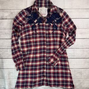 Johnny Was 3J Workshop Women's Red Blue Plaid Tunic Top with Embroidery Size XS